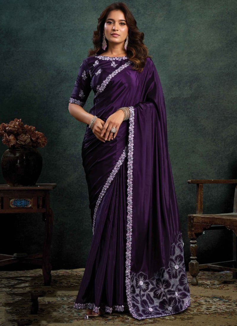 Purple Satin Silk Sequins Embroidered Moti Applique Saree Wedding Wear