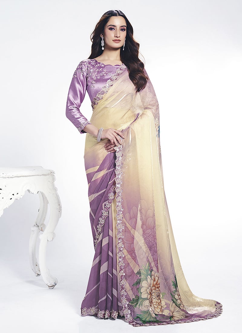 Purple Satin Silk Sequins Embroidery With Stone Saree Festive Wear