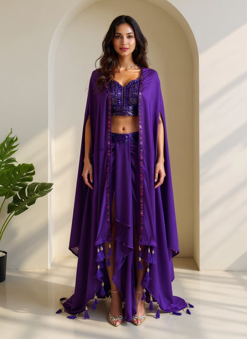 Purple Satin Silk Sequins Indowestern Dhoti Jacket