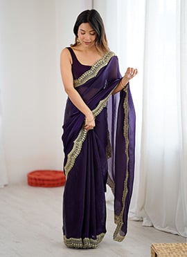 Purple Satin Silk Zari Embroidered Sequins Saree
