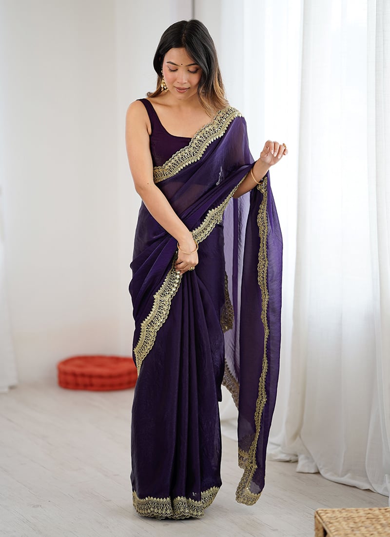 Purple Satin Silk Zari Embroidered Sequins Saree After Six Wear