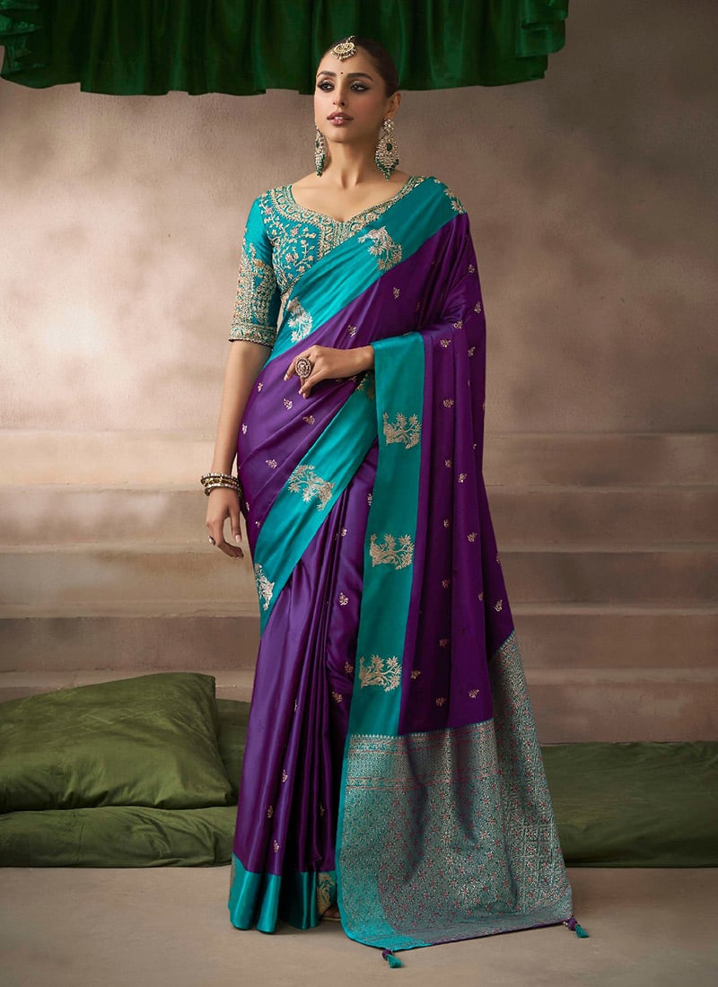 Purple Satin Silk Zari Embroidered Sequins Saree