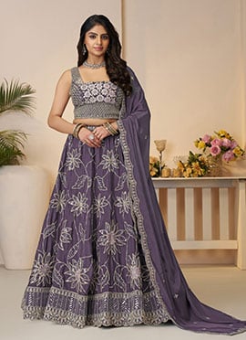 Purple Satin Silk Zari Embroidered Sequins With Stone Work Lehenga