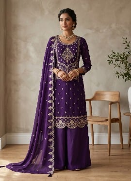 Purple Sequins Embroidered Cotton Palazzo Suit