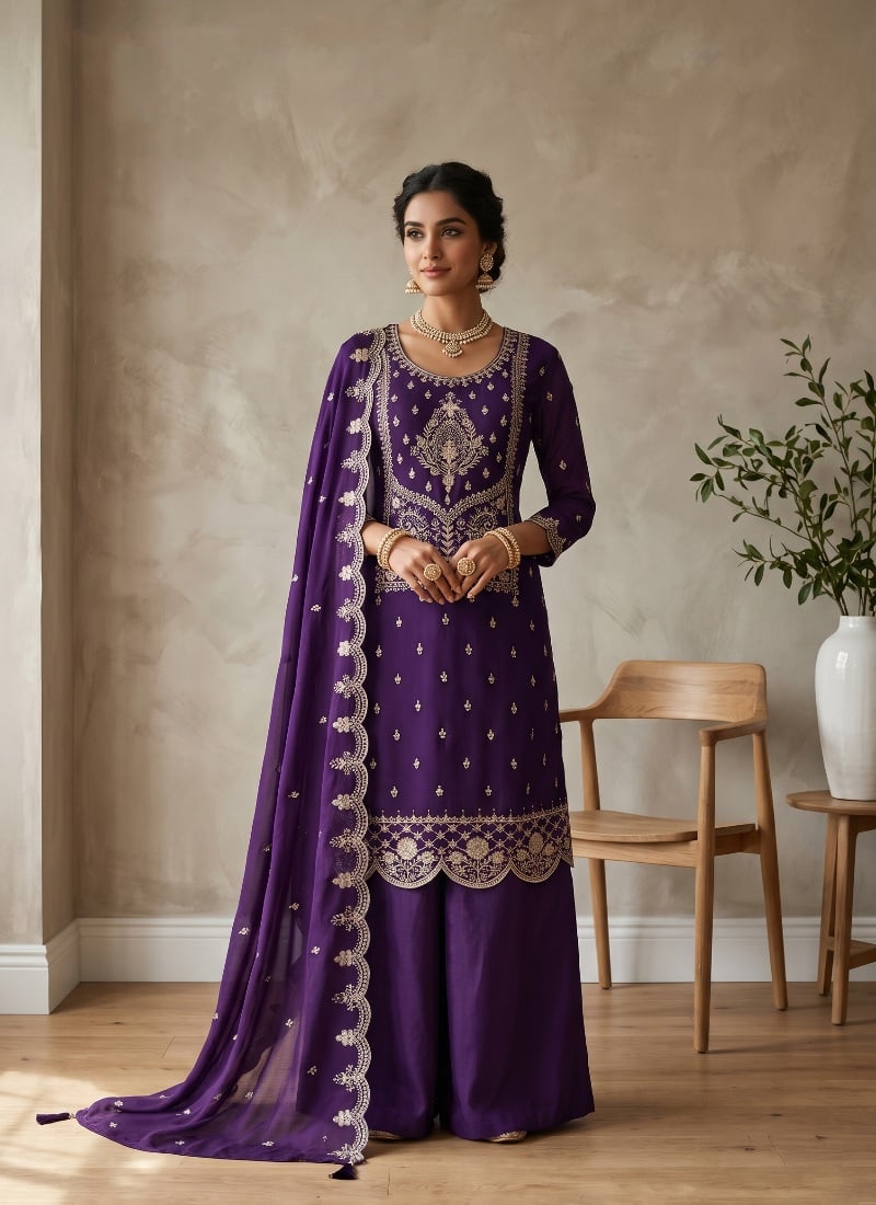 Purple Sequins Embroidered Cotton Palazzo Suit After Six Wear