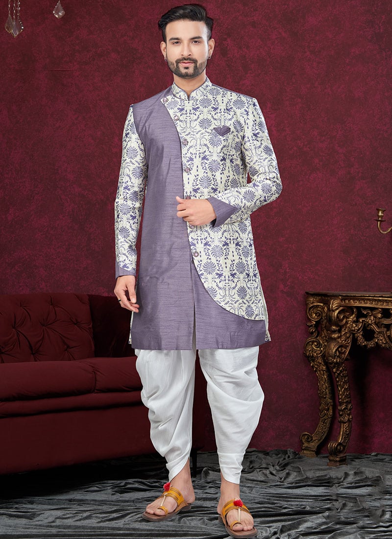Purple Sequins Jacquard Silk Digital Print Indowestern Sherwani Wedding Wear