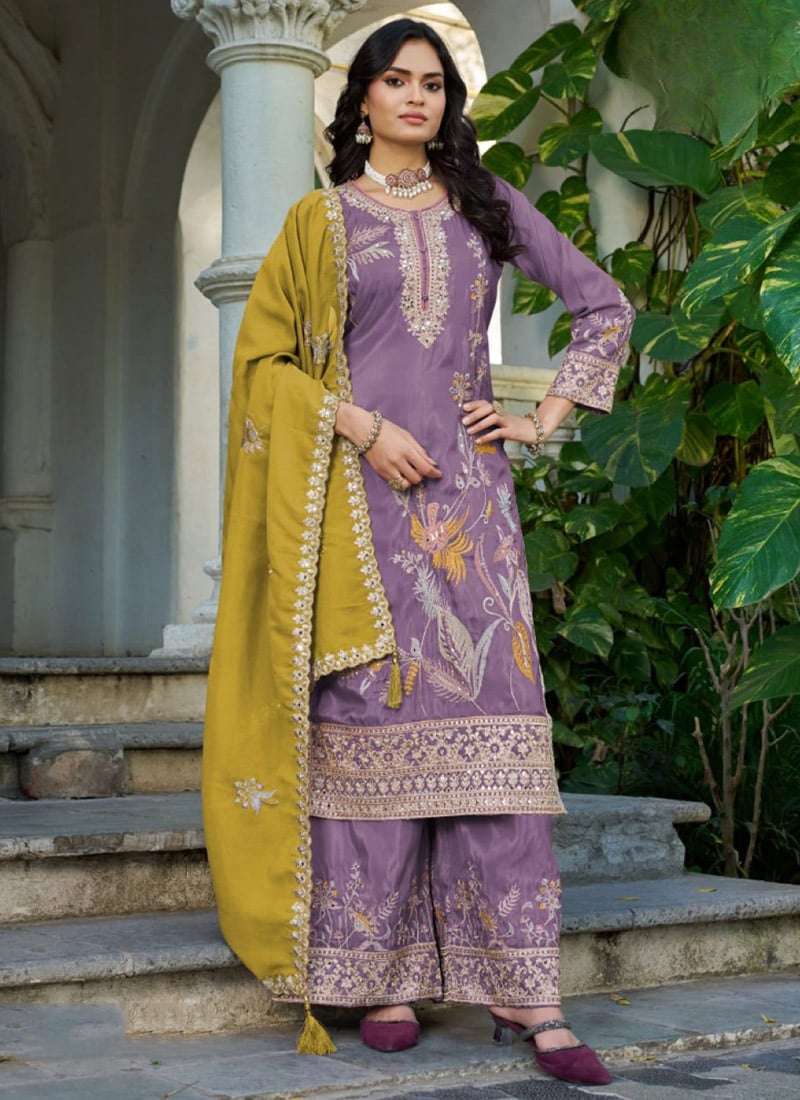 Purple Shimmer Sequins Palazzo Suit Festive Wear