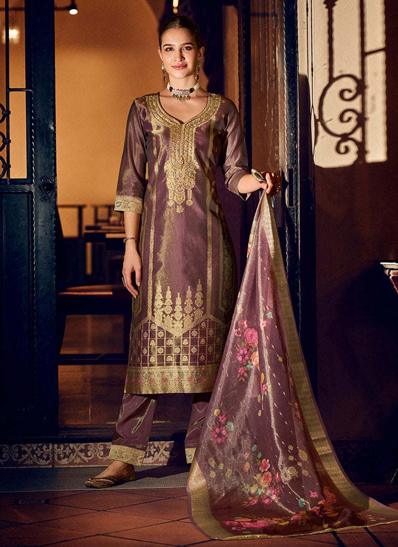 Purple Shimmer Silk Digital Print Zari Work Straight Pant Suit Festive Wear