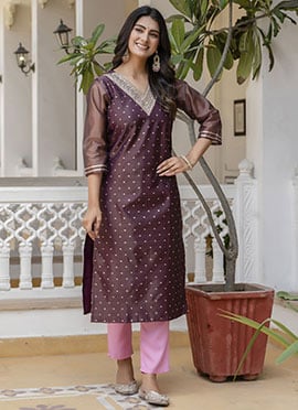 Purple Shimmer Silk Embroidered Long Kurti