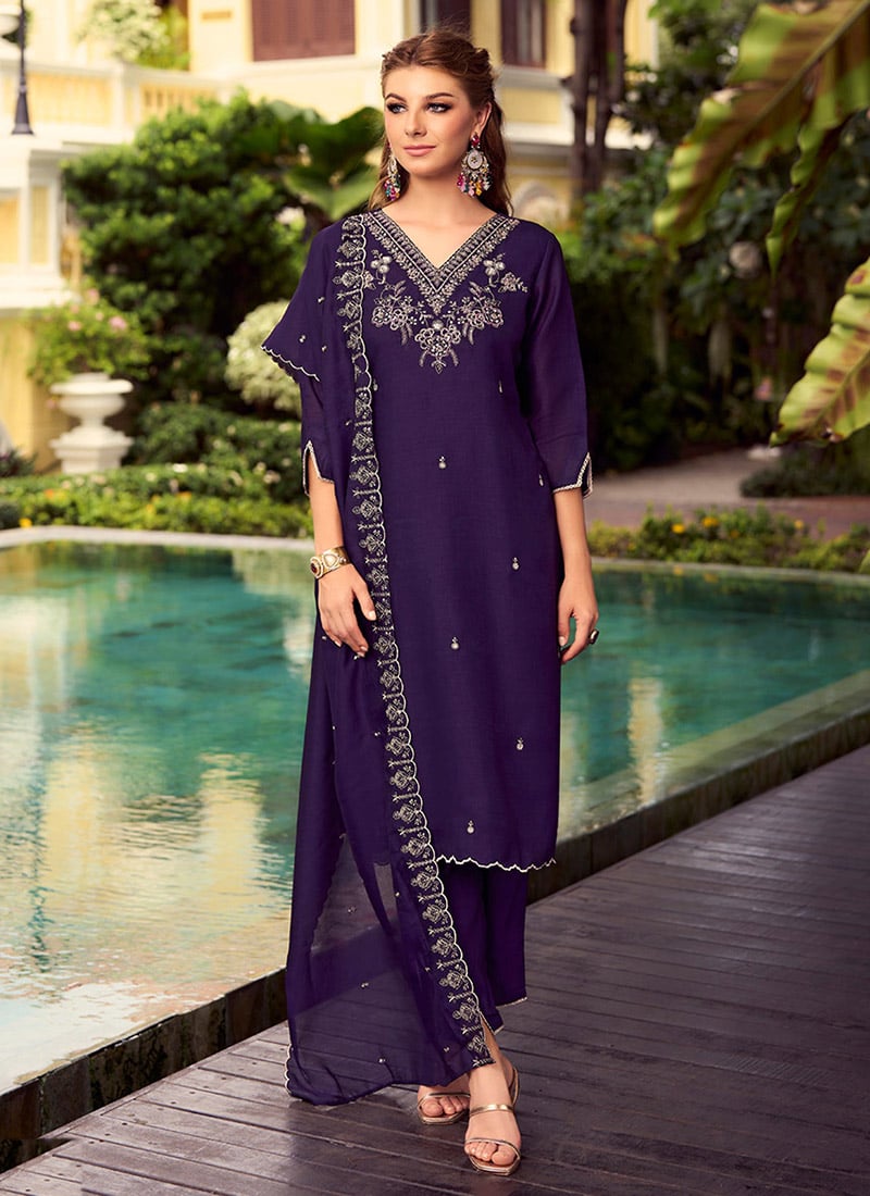 Purple Shimmer Silk Embroidered Sequins Beads Straight Pant Suit Festive Wear