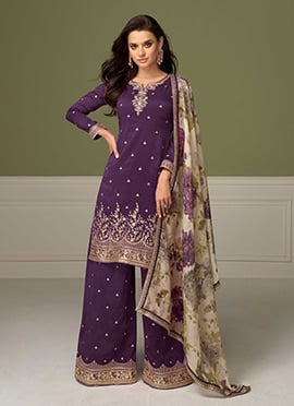 Purple Shimmer Silk Sequins Embroidered Palazzo Suit