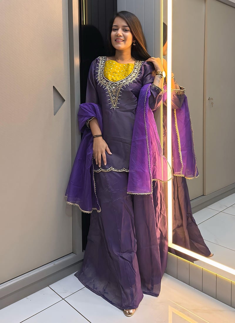 Purple Shimmer Silk Sequins Zardosi Beads Hand Embroidered Palazzo Suit Festive Wear