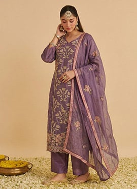 Purple Shimmer Silk Straight Pant Suit With Heavy Floral Embroidery