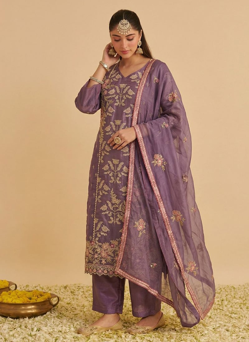 Purple Shimmer Silk Straight Pant Suit With Heavy Floral Embroidery After Six Wear