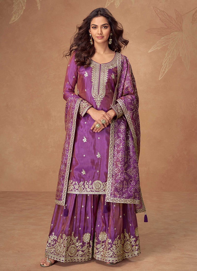 Purple Shimmer Silk Zari And Embroidered Sequins Palazzo Suit Festive Wear