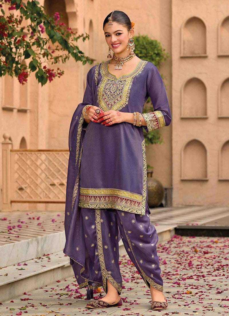 Purple Shimmer Silk Zari Embroidered Sequins Gorgeous Dhoti Suit