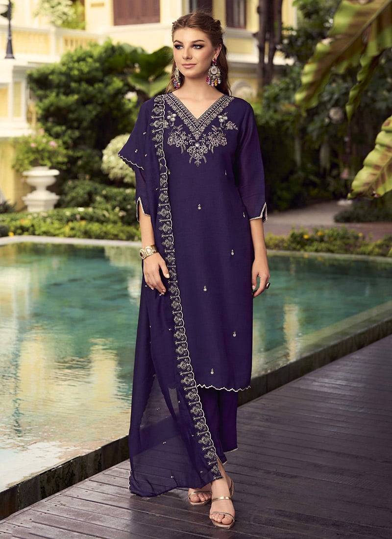 Purple Shimmer Vichitra Silk Hand Embroidered Straight Pant Suit