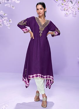 Purple Silk A Line Kurta Pant Set With Hand Embroidery And Sequins Work