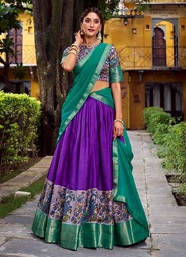 Purple Silk A Line Lehenga With Zari And Printed Woven Detailing