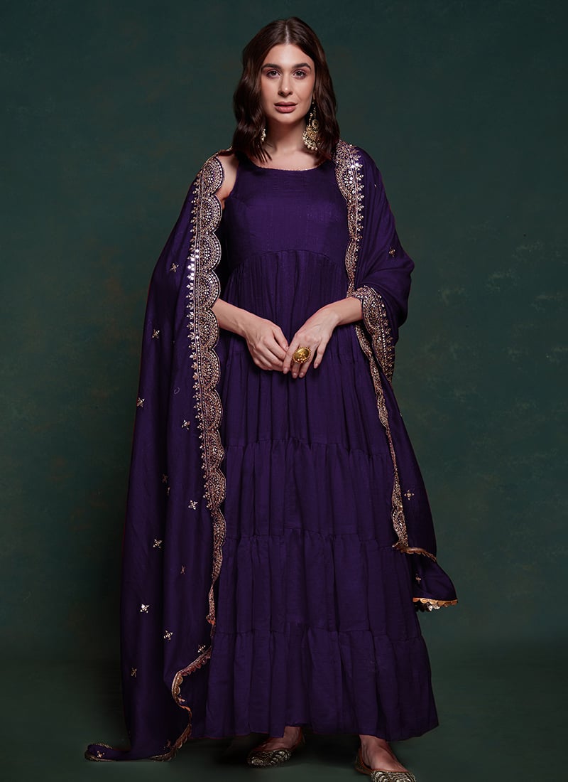 Purple Silk Anarkali Suit With Zari Sequins In Dupatta