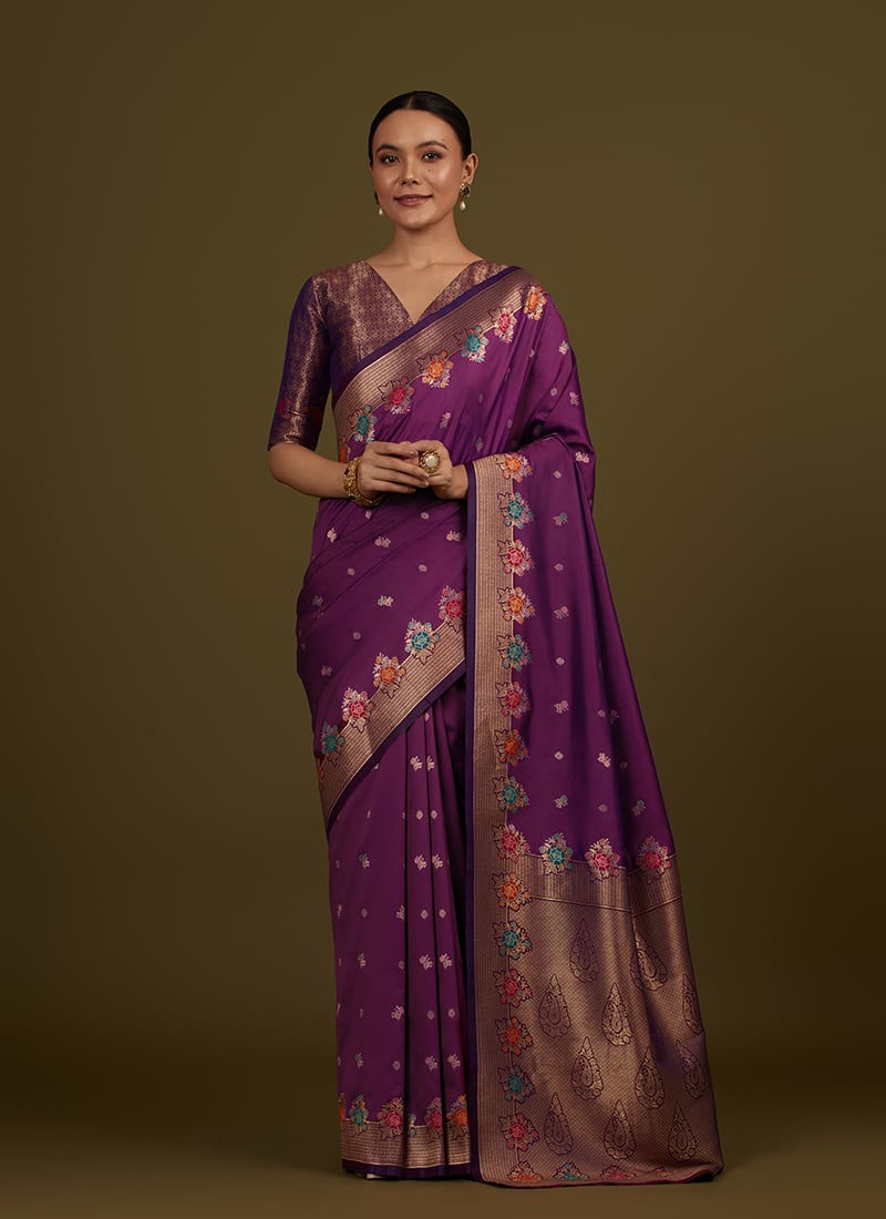 Purple Silk Banarasi Zari Woven Saree Festive Wear