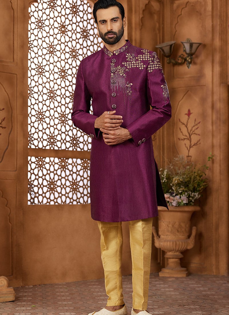 Purple Silk Beads And Cutdana Hand Work Indowestern Sherwani Wedding Wear