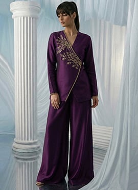 Purple Silk Beads Hand Embroidered Indowestern Angrakha Palazzo Set