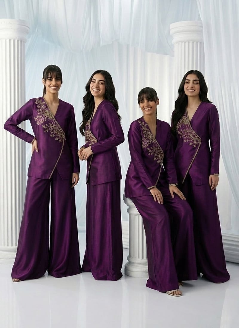 Purple Silk Beads Hand Embroidered Indowestern Angrakha Palazzo Set Wedding Wear