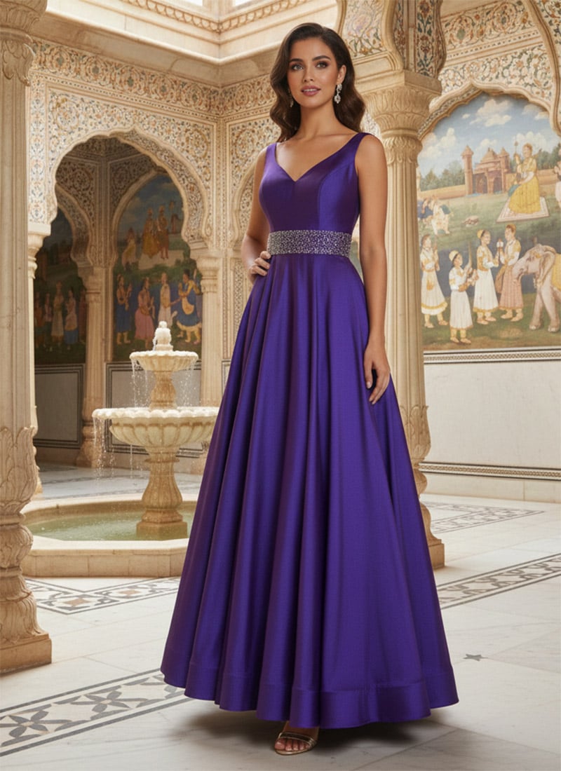 Purple Silk Beads Zari Anarkali Gown After Six Wear
