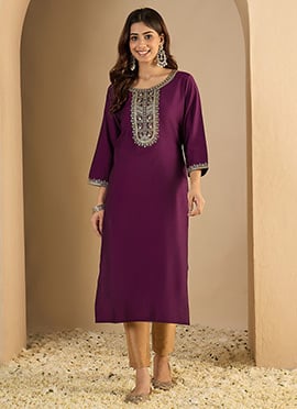 Purple Silk Blend Embroidered Long Kurti