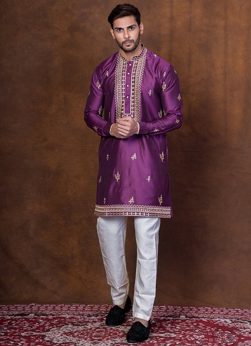 Purple Silk Blend Embroidered Sequins Kurta Pyjama Festive Wear