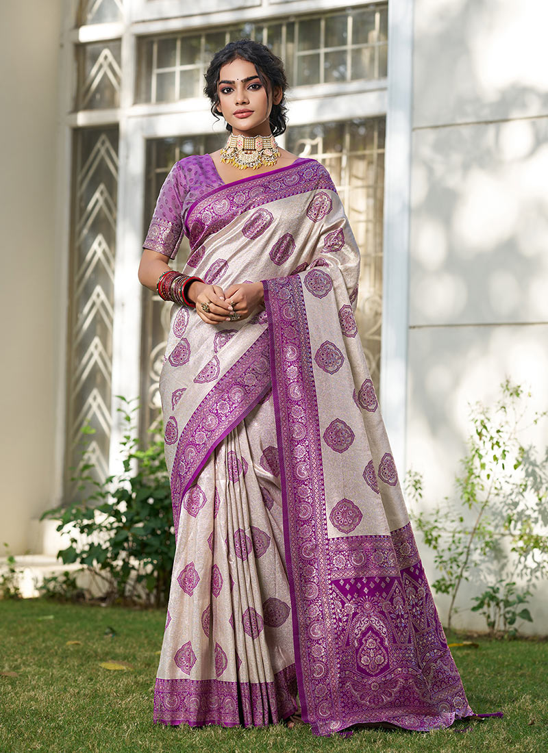Purple Silk Blend Saree With Detailed Jacquard Woven Design Festive Wear