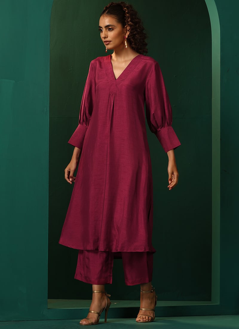 Purple Silk Blend Solid Kurta Straight Pant Set After Six Wear