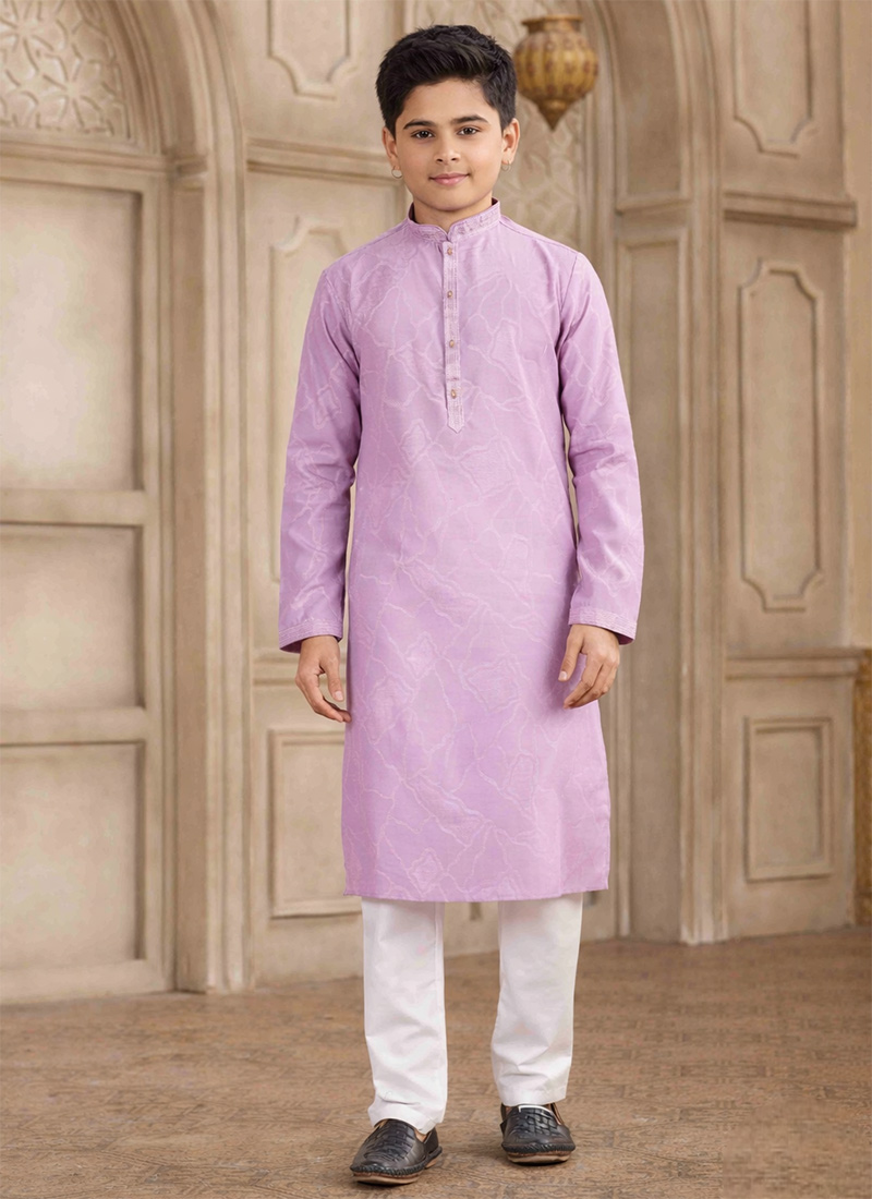 Purple Silk Brocade Kids Boys Kurta Pyjama Festive Wear