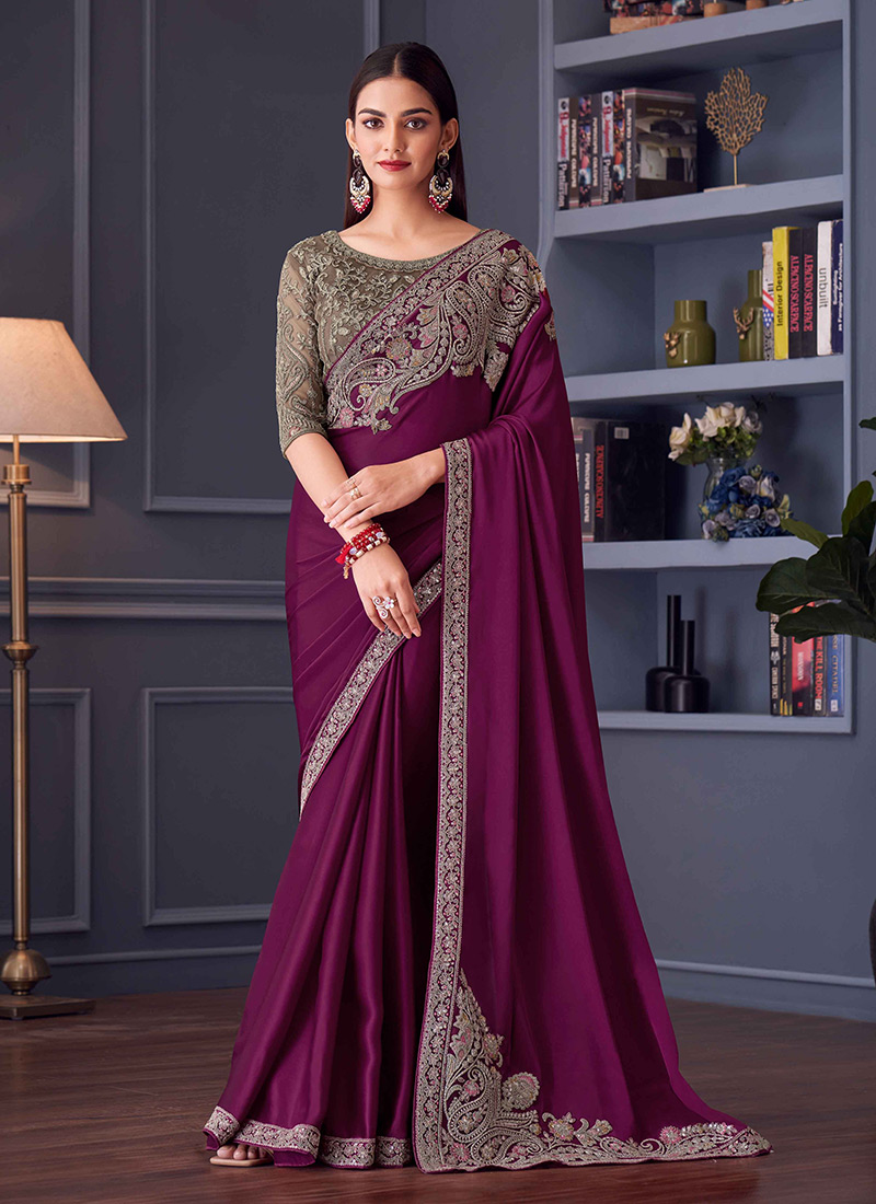 Purple Silk Chiffon Embroidered Sequins Saree