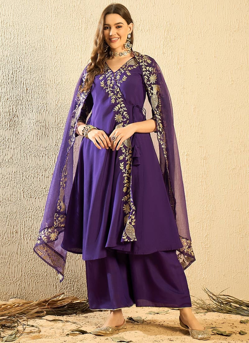 Purple Silk Cotton Embroidered Sequins Palazzo Suit Festive Wear