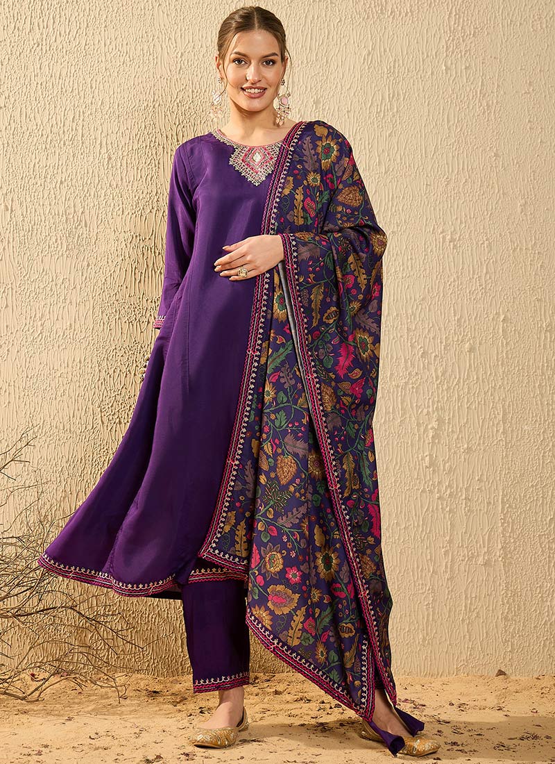 Purple Silk Cotton Embroidered Sequins Palazzo Suit With Digital Print Dupatta Festive Wear