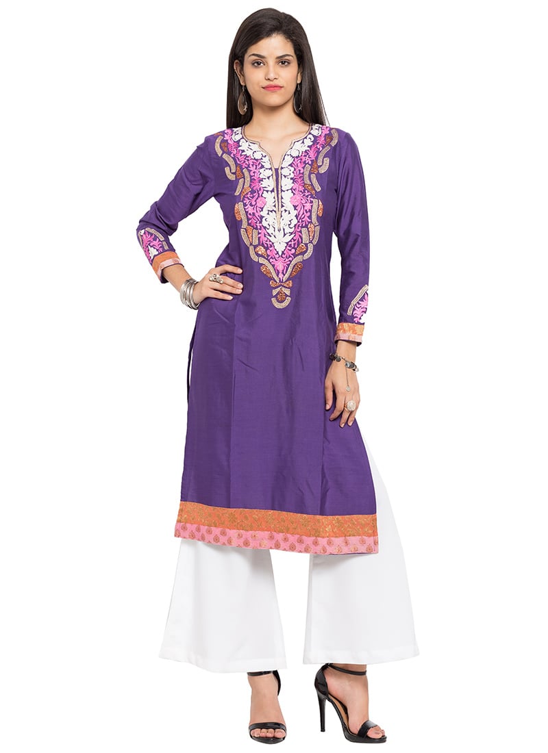 Purple Silk Cotton Knee Length Kurti After Six Wear
