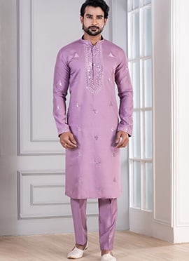 Purple Silk Cotton Sequins Kurta Pyjama