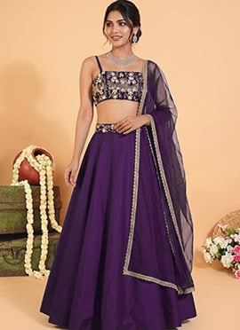 Purple Silk Cutdana Beads Sequins Hand Embroidered Lehenga