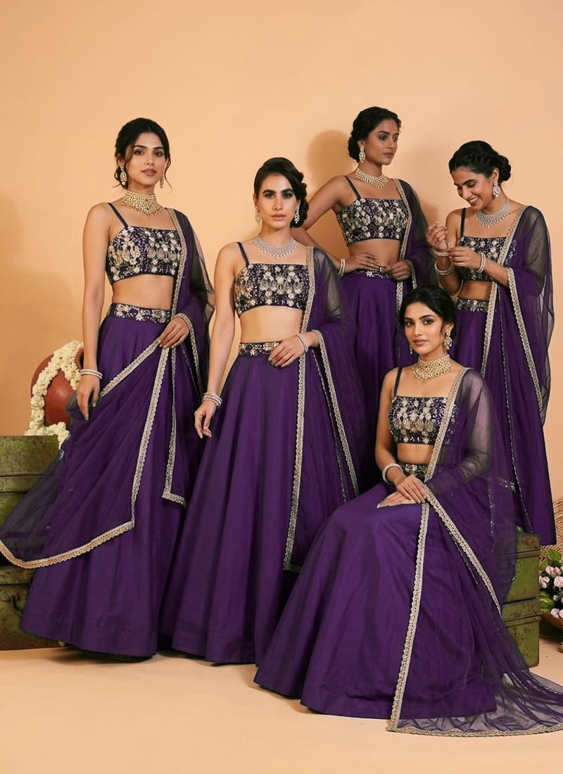 Purple Silk Cutdana Beads Sequins Hand Embroidered Lehenga Wedding Wear