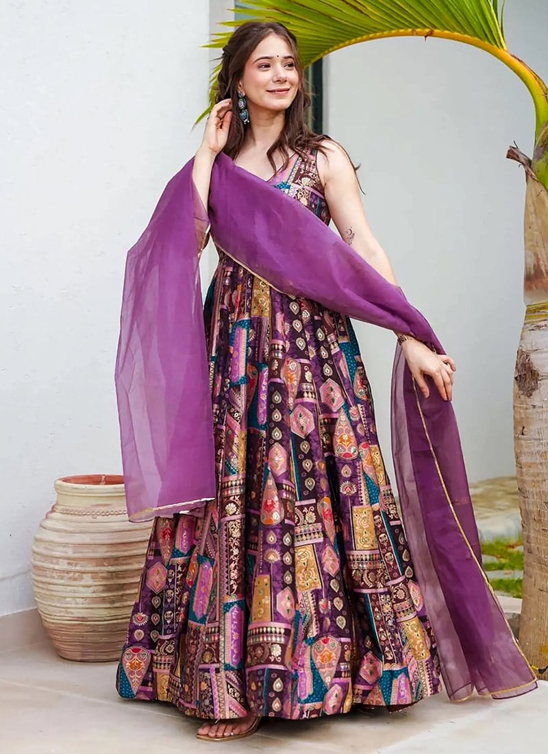 Purple Silk Digital Print Anarkali Suit After Six Wear