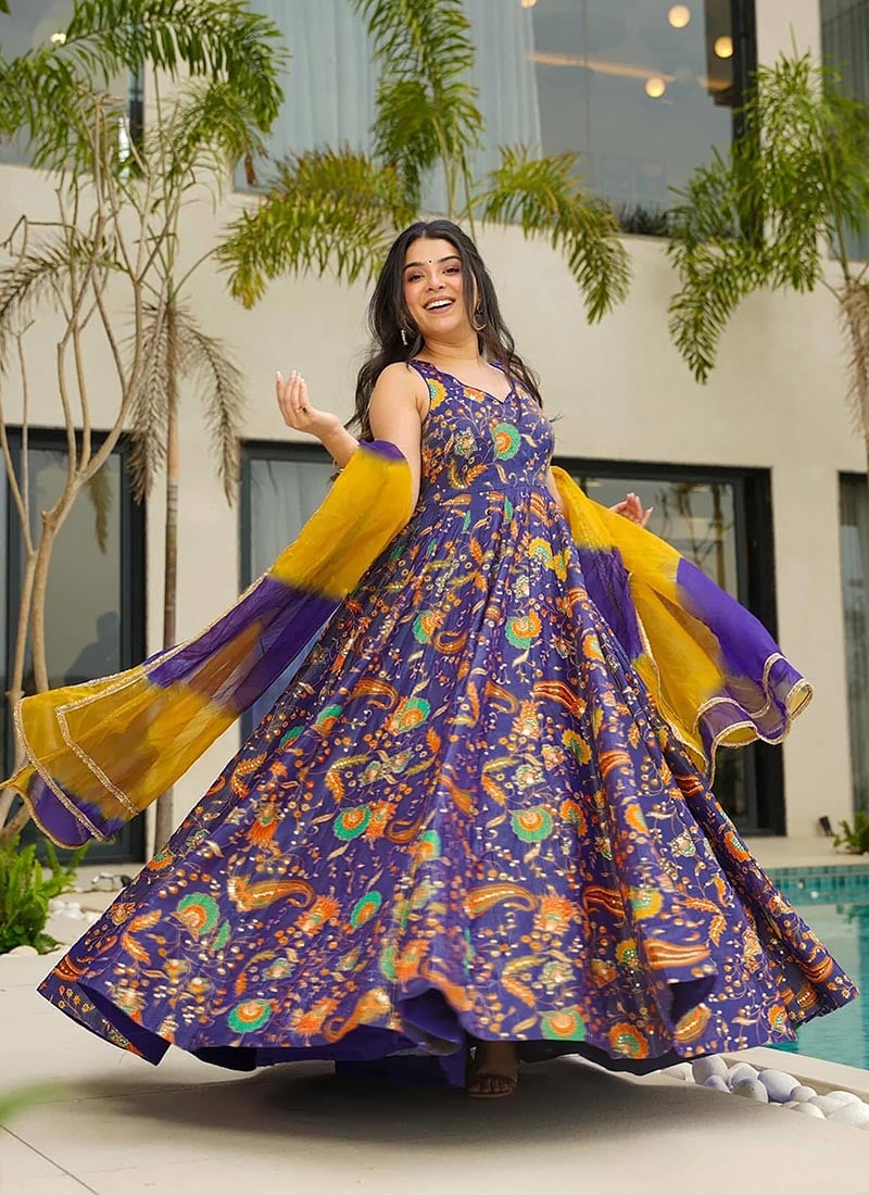 Purple Silk Digital Print Anarkali Suit After Six Wear-SLSUFC10001