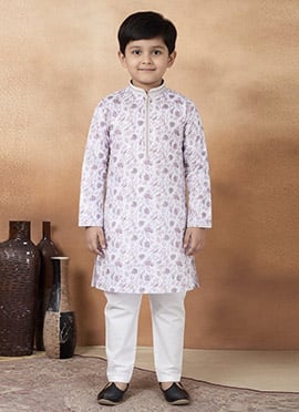 Purple Silk Digital Print Kids Boys Kurta Pyjama