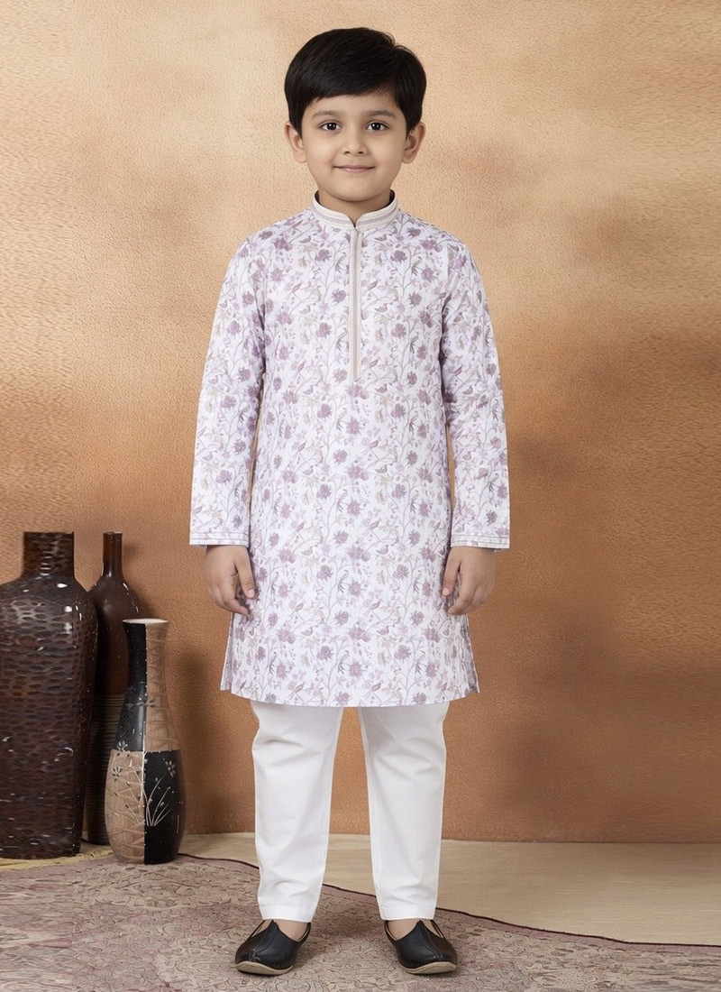 Purple Silk Digital Print Kids Boys Kurta Pyjama Festive Wear