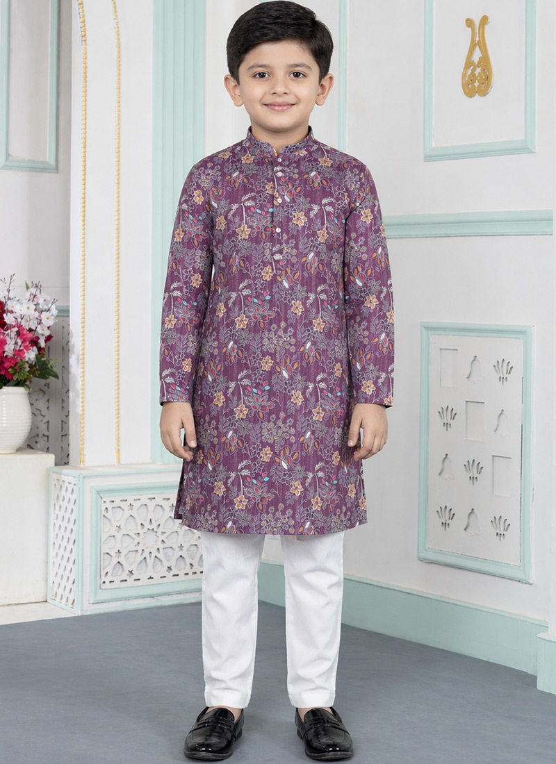 Purple Silk Digital Print Kids Boys Kurta Pyjama Festive Wear