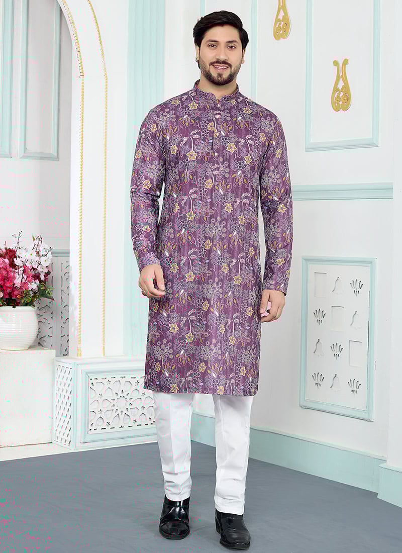 Purple Silk Digital Print Mens Kurta