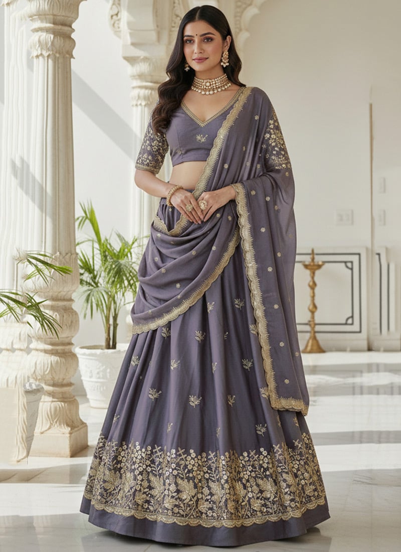 Purple Silk Embroidered A Line Lehenga Wedding Wear