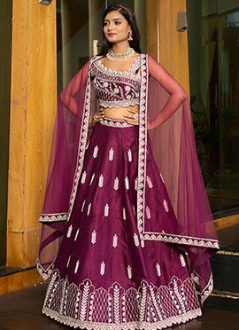 Purple Silk Embroidered And Sequins Umbrella Lehenga