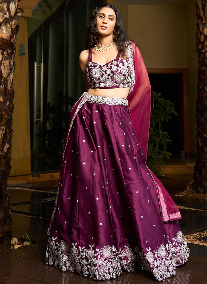 Purple Silk Embroidered And Sequins Umbrella Lehenga Festive Wear